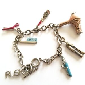 Rusk hairdresser charm bracelet hair stylist silver tone brush scissors
